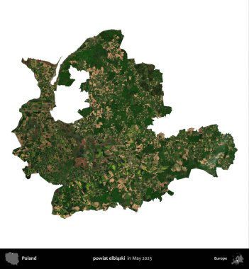 powiat elblaski. Polonya 'nın idari bölgesi, Mayıs 2023' te çekilen Kopernik Nöbetçi Fayanslarından oluşan bir uydu görüntüsüyle beyaza izole edildi.