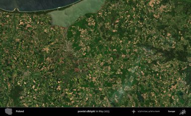 powiat elblaski. Copernicus Sentinel 'in Mayıs 2023' te çekilmiş uydu görüntüsü üzerine Polonya 'nın idari bölgesi.