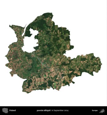 powiat elblaski. Polonya idari bölgesi, Eylül 2024 'te çekilen Kopernik Nöbetçi karolarından oluşan bir uydu görüntüsü üzerinde beyaza izole edildi.