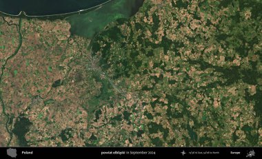 powiat elblaski. Eylül 2024 'te çekilen Kopernik Sentinel karolarından oluşan uydu görüntüsü üzerine Polonya' nın idari bölgesi