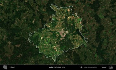Gmina Geyiği. Polonya 'nın idari alanı, Haziran 2019' da çekilen Kopernik Nöbetçi karolarından oluşan koyu renkli bir uydu görüntüsü üzerine vurgulandı ve özetlendi.