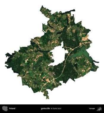 Gmina Geyiği. Polonya idari bölgesi, Haziran 2021 'de çekilen Kopernik Nöbetçi karolarından oluşan bir uydu görüntüsü üzerinde beyaza izole edildi.