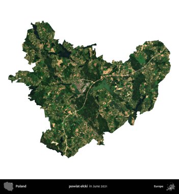 powiat elcki. Polonya idari bölgesi, Haziran 2021 'de çekilen Kopernik Nöbetçi karolarından oluşan bir uydu görüntüsü üzerinde beyaza izole edildi.