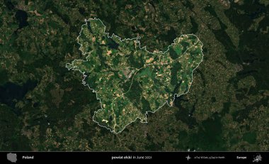 powiat elcki. Polonya 'nın idari alanı, Haziran 2021' de çekilen Kopernik Nöbetçi karolarından oluşan koyu renkli bir uydu görüntüsüyle vurgulandı ve özetlendi