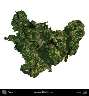 powiat elcki. Polonya 'nın idari bölgesi, Mayıs 2024' te çekilen Kopernik Nöbetçi Fayanslarından oluşan bir uydu görüntüsü üzerinde beyaza izole edildi.