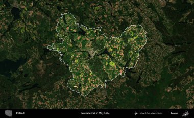 powiat elcki. Polonya 'nın idari alanı, Mayıs 2024' te çekilen Kopernik Nöbetçi karolarından oluşan koyu renkli bir uydu görüntüsü üzerinde vurgulandı ve özetlendi.