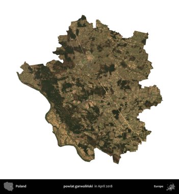 powiat garwolinski. Polonya idari bölgesi, Nisan 2018 'de çekilen Kopernik Nöbetçi karolarından oluşan bir uydu görüntüsü üzerinde beyaza izole edildi.