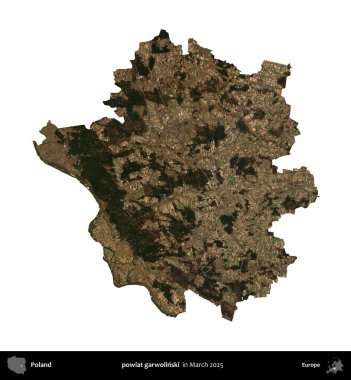 powiat garwolinski. Polonya idari bölgesi, Mart 2025 'te çekilen Kopernik Nöbetçi karolarından oluşan bir uydu görüntüsü üzerinde beyaza izole edildi.