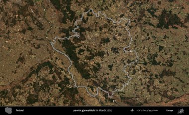 powiat garwolinski. Polonya 'nın idari bölgesinin ana hatları, Mart 2025' te çekilen Kopernik Nöbetçi karolarından oluşan bir uydu görüntüsü üzerine çizildi.