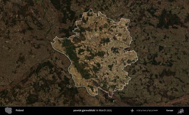 powiat garwolinski. Polonya 'nın idari alanı, Mart 2025' te çekilen Kopernik Nöbetçi karolarından oluşan koyu renkli bir uydu görüntüsü üzerine vurgulandı ve özetlendi