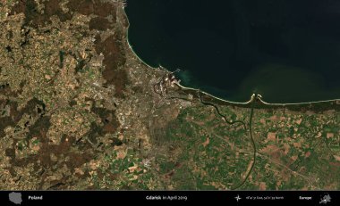 Gdansk. Nisan 2019 'da çekilen Kopernik Sentinel karolarından oluşan bir uydu görüntüsü üzerine Polonya' nın idari bölgesi