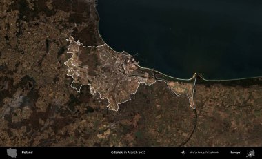 Gdansk. Polonya 'nın idari alanı, Mart 2022' de çekilen Kopernik Nöbetçi karolarından oluşan koyu renkli bir uydu görüntüsü üzerine vurgulandı ve özetlendi.