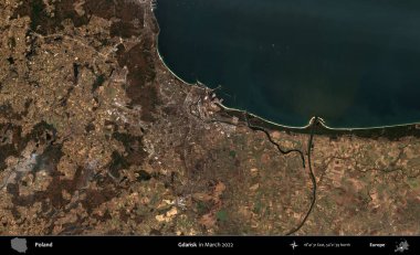 Gdansk. Copernicus Sentinel 'in Mart 2022' de çekilmiş uydu görüntüsü üzerine Polonya 'nın idari bölgesi.