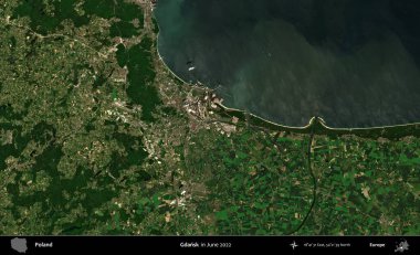 Gdansk. Copernicus Sentinel 'in Haziran 2022' de çekilmiş uydu görüntüsü üzerine Polonya 'nın idari bölgesi.