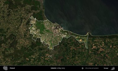 Gdansk. Polonya 'nın idari alanı, Mayıs 2023' te çekilen Kopernik Nöbetçi karolarından oluşan koyu renkli bir uydu görüntüsü üzerinde vurgulandı ve özetlendi.