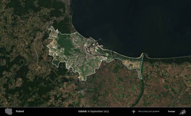 Gdansk. Polonya 'nın idari alanı, Eylül 2023' te çekilen Kopernik Nöbetçi karolarından oluşan koyu renkli bir uydu görüntüsü üzerine vurgulandı ve özetlendi.
