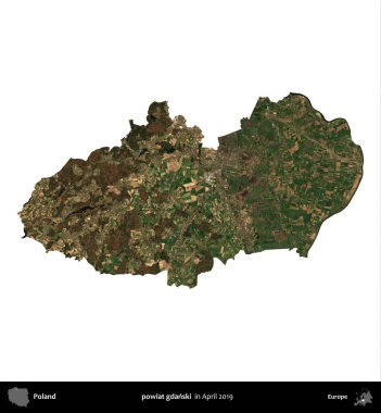 powiat gdanski. Polonya idari bölgesi, Nisan 2019 'da çekilen Kopernik Nöbetçi karolarından oluşan bir uydu görüntüsü üzerinde beyaza izole edildi.