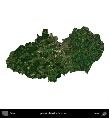 powiat gdanski. Polonya idari bölgesi, Haziran 2022 'de çekilen Kopernik Nöbetçi karolarından oluşan bir uydu görüntüsü üzerinde beyaza izole edildi.