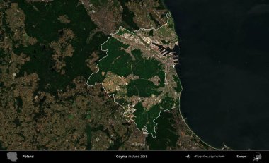 Gdynia. Polonya 'nın idari alanı, Haziran 2018' de çekilen Kopernik Nöbetçi karolarından oluşan koyu renkli bir uydu görüntüsüyle vurgulandı ve özetlendi