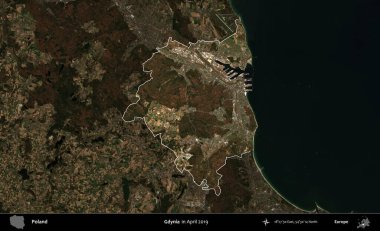 Gdynia. Polonya 'nın idari alanı, Nisan 2019' da çekilen Kopernik Nöbetçi karolarından oluşan koyu renkli bir uydu görüntüsü üzerine vurgulandı ve özetlendi.