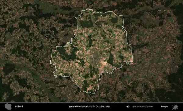 gmina Bielsk Podlaski. Polonya 'nın idari alanı, Ekim 2024' te çekilen Kopernik Nöbetçi karolarından oluşan koyu renkli bir uydu görüntüsü üzerine vurgulandı ve özetlendi
