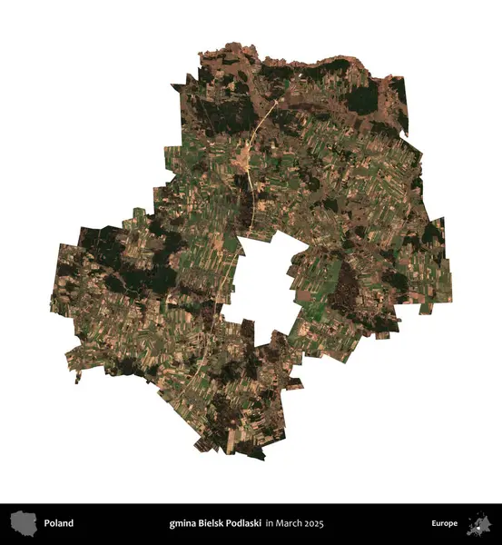 gmina Bielsk Podlaski. Polonya idari bölgesi, Mart 2025 'te çekilen Kopernik Nöbetçi karolarından oluşan bir uydu görüntüsü üzerinde beyaza izole edildi.