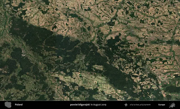 powiat bilgorajski. Copernicus Sentinel 'in Ağustos 2019' da çekilmiş uydu görüntüsü üzerine Polonya 'nın idari bölgesi.