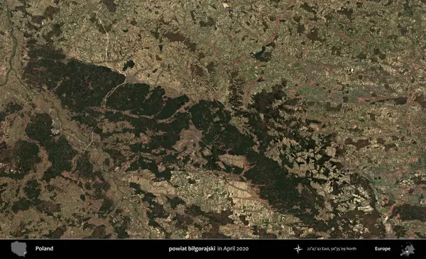 powiat bilgorajski. Nisan 2020 'de Copernicus Sentinel karolarından oluşan bir uydu görüntüsü üzerine Polonya' nın idari bölgesi