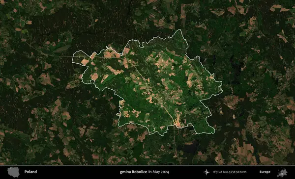 gmina Bobolice. Polonya 'nın idari alanı, Mayıs 2024' te çekilen Kopernik Nöbetçi karolarından oluşan koyu renkli bir uydu görüntüsü üzerinde vurgulandı ve özetlendi.