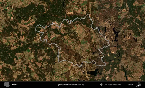 gmina Bobolice. Polonya 'nın idari bölgesinin ana hatları, Mart 2025' te çekilen Kopernik Nöbetçi karolarından oluşan bir uydu görüntüsü üzerine çizildi.