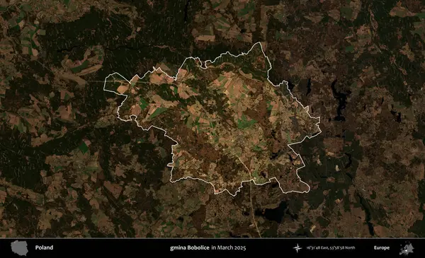 gmina Bobolice. Polonya 'nın idari alanı, Mart 2025' te çekilen Kopernik Nöbetçi karolarından oluşan koyu renkli bir uydu görüntüsü üzerine vurgulandı ve özetlendi