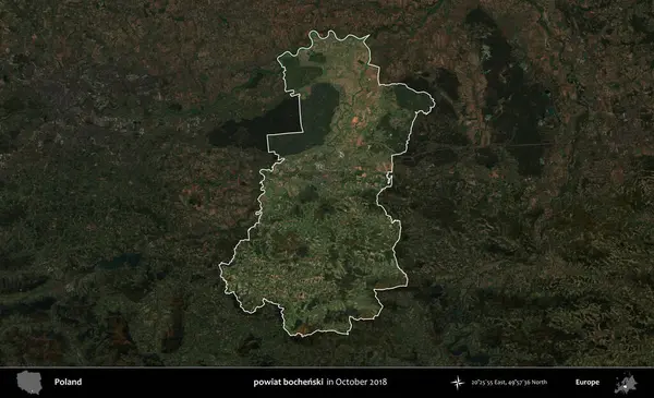 powiat bochenski. Polonya 'nın idari alanı, Ekim 2018' de çekilen Kopernik Nöbetçi karolarından oluşan koyu renkli bir uydu görüntüsü üzerine vurgulandı ve özetlendi