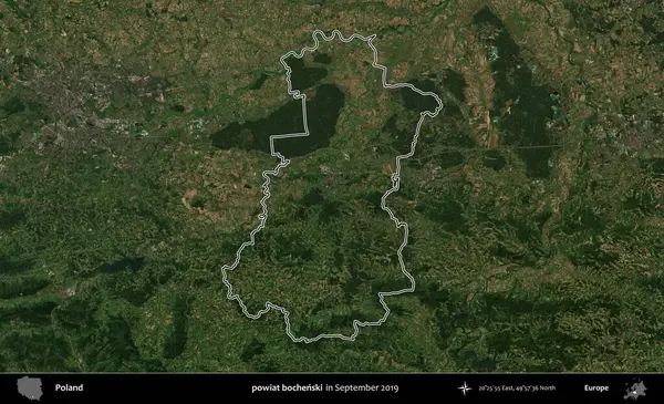 powiat bochenski. Eylül 2019 'da çekilen Kopernik Nöbetçi karolarından oluşan bir uydu görüntüsü üzerine Polonya' nın idari bölgesinin ana hatlarını çizdim.