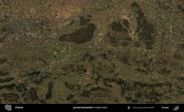 powiat bochenski. Nisan 2020 'de Copernicus Sentinel karolarından oluşan bir uydu görüntüsü üzerine Polonya' nın idari bölgesi