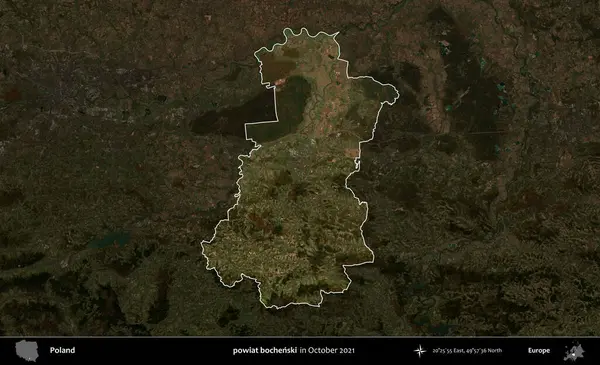 powiat bochenski. Polonya 'nın idari alanı, Ekim 2021' de çekilen Kopernik Nöbetçi karolarından oluşan koyu renkli bir uydu görüntüsü üzerine vurgulandı ve özetlendi