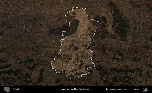 powiat bochenski. Polonya 'nın idari alanı, Mart 2022' de çekilen Kopernik Nöbetçi karolarından oluşan koyu renkli bir uydu görüntüsü üzerine vurgulandı ve özetlendi.