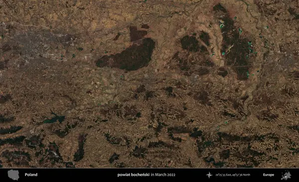 powiat bochenski. Copernicus Sentinel 'in Mart 2022' de çekilmiş uydu görüntüsü üzerine Polonya 'nın idari bölgesi.