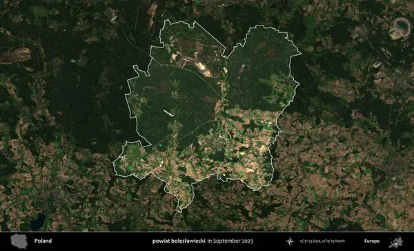 powiat boleslawiecki. Polonya 'nın idari alanı, Eylül 2023' te çekilen Kopernik Nöbetçi karolarından oluşan koyu renkli bir uydu görüntüsü üzerine vurgulandı ve özetlendi.