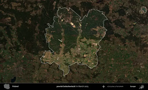 powiat boleslawiecki. Polonya 'nın idari alanı, Mart 2025' te çekilen Kopernik Nöbetçi karolarından oluşan koyu renkli bir uydu görüntüsü üzerine vurgulandı ve özetlendi