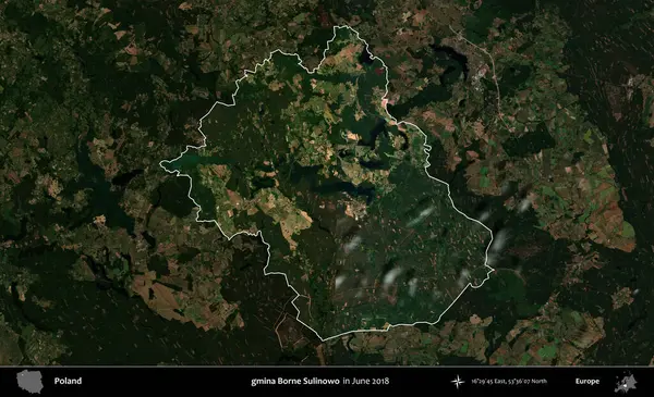 gmina Borne Sulinowo. Polonya 'nın idari alanı, Haziran 2018' de çekilen Kopernik Nöbetçi karolarından oluşan koyu renkli bir uydu görüntüsüyle vurgulandı ve özetlendi