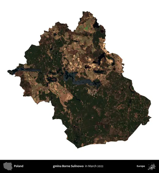 gmina Borne Sulinowo. Polonya idari bölgesi, Mart 2022 'de çekilen Kopernik Nöbetçi karolarından oluşan bir uydu görüntüsü üzerinde beyaza izole edildi.