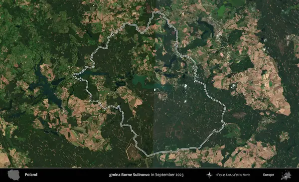 gmina Borne Sulinowo. Eylül 2023 'te çekilen Copernicus Sentinel karolarından oluşan bir uydu görüntüsü üzerine Polonya' nın idari bölgesinin ana hatlarını belirledik.