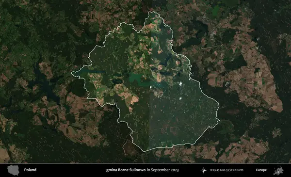 gmina Borne Sulinowo. Polonya 'nın idari alanı, Eylül 2023' te çekilen Kopernik Nöbetçi karolarından oluşan koyu renkli bir uydu görüntüsü üzerine vurgulandı ve özetlendi.