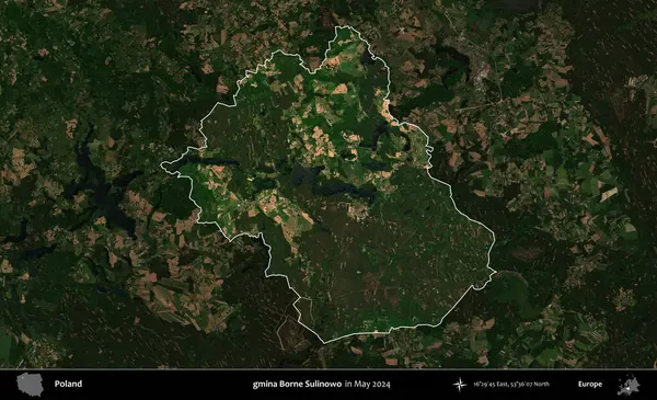 gmina Borne Sulinowo. Polonya 'nın idari alanı, Mayıs 2024' te çekilen Kopernik Nöbetçi karolarından oluşan koyu renkli bir uydu görüntüsü üzerinde vurgulandı ve özetlendi.