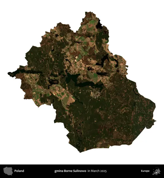 gmina Borne Sulinowo. Polonya idari bölgesi, Mart 2025 'te çekilen Kopernik Nöbetçi karolarından oluşan bir uydu görüntüsü üzerinde beyaza izole edildi.