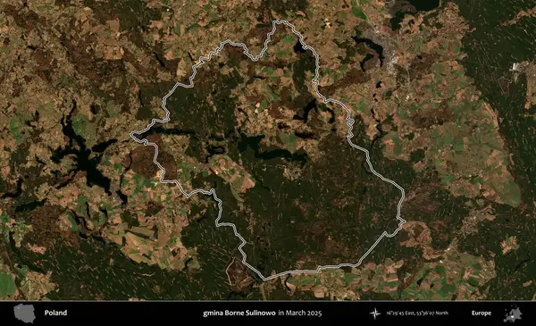 gmina Borne Sulinowo. Polonya 'nın idari bölgesinin ana hatları, Mart 2025' te çekilen Kopernik Nöbetçi karolarından oluşan bir uydu görüntüsü üzerine çizildi.
