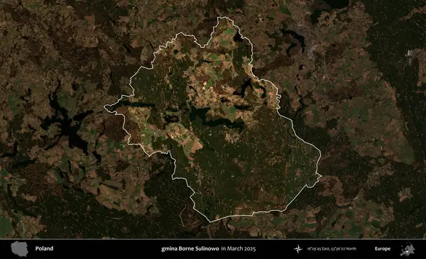 gmina Borne Sulinowo. Polonya 'nın idari alanı, Mart 2025' te çekilen Kopernik Nöbetçi karolarından oluşan koyu renkli bir uydu görüntüsü üzerine vurgulandı ve özetlendi
