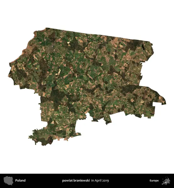 powiat braniewski. Polonya idari bölgesi, Nisan 2019 'da çekilen Kopernik Nöbetçi karolarından oluşan bir uydu görüntüsü üzerinde beyaza izole edildi.