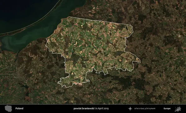 powiat braniewski. Polonya 'nın idari alanı, Nisan 2019' da çekilen Kopernik Nöbetçi karolarından oluşan koyu renkli bir uydu görüntüsü üzerine vurgulandı ve özetlendi.