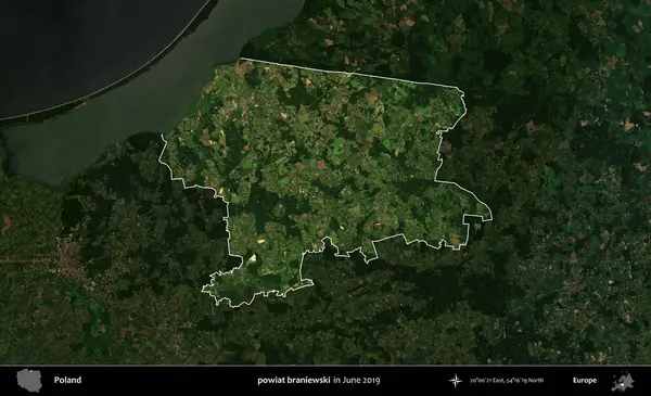 powiat braniewski. Polonya 'nın idari alanı, Haziran 2019' da çekilen Kopernik Nöbetçi karolarından oluşan koyu renkli bir uydu görüntüsü üzerine vurgulandı ve özetlendi.